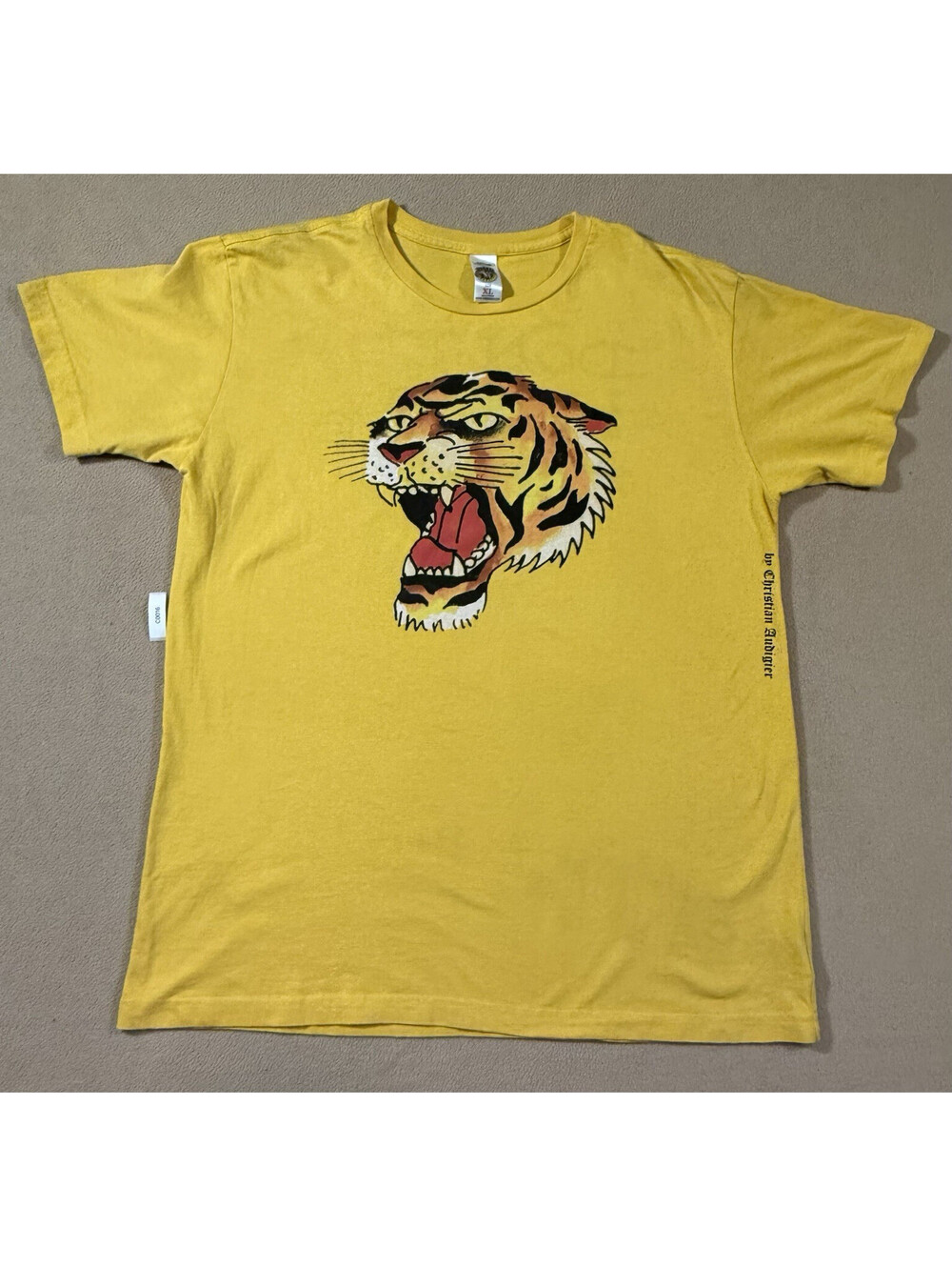 Ed Hardy Men’s XL Yellow Short Sleeve Crew Neck Double-Sided Tiger Graphic Tee